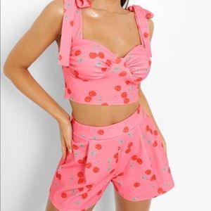 BOOHOO Cherry Print Tie Shoulder Corset and Shorts Two Piece Set